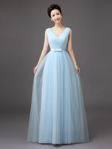 Prom Dresses Long Tulle V Neck Sleeveless Bow Sash Floor Length Blue Bridesmaid Dress Wedding Guest Dresses