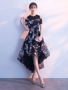 Black Cocktail Dress Lace Stars Embroidered Cold Shoulder High Low Graduation Party Dress