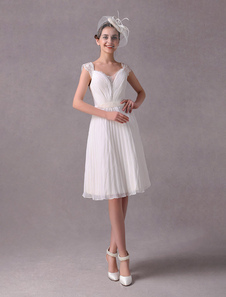 Kurze Brautkleid Vintage Elfenbein Plissee Chiffon Sash Lace Knielänge Bridal Empfang Kleid