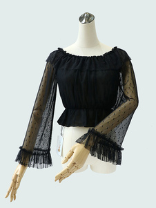 Sweet Lolita Blouse Silk Lace Ruffle Polka Dot Semi Sheer Black Lolita Top