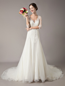 Wedding Dresses A-Line Ivory V-Neckline Lace Tulle Half Sleeve Bridal Dress With Train Free Customization