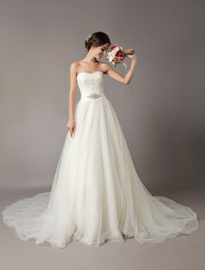 A-Line Wedding Dresses Ivory Strapless Lace Beaded Chapel Train Bridal Gowns Free Customization