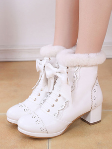 Süße Lolita Stiefel Bogen Rüsche Pelz Chunky Heel Weiß Lolita Schuhe