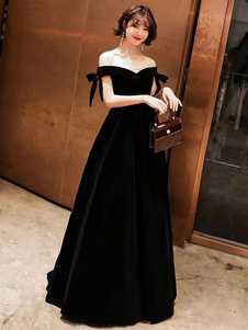 Prom Dresses Long Velvet Off Shoulder Bows Black Floor Length Formal Gowns Wedding Guest Dresses Free Customization
