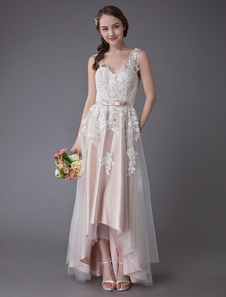 Lace Wedding Dresses High Low Bow Sash Tulle Applique Summer Beach Colored Bridal Gowns