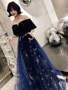 Prom Dresses Constellation Dress Long Tulle Velvet Patchwork Ruffles Glitter Maxi Formal Party Dress