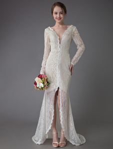 Boho Wedding Dresses Lace V Neck Long Sleeve Sheath Beach Bridal Dress With Train