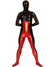 Morph Suit Red and Black Split Color Shiny Metallic Fabric Zentai Suit Unisex Full Body Suit