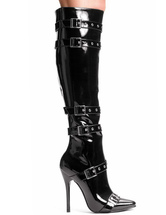 Черные сексуальные сапоги Кожаные пальцы с пряжкой с пальцами Детали Коленные сапоги с высокими каблуками