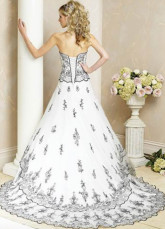 Fabulous White A-line Satin Navy Blue Lace Wedding Dress - Milanoo.com