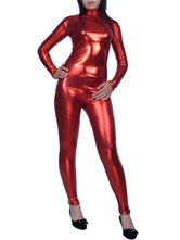 Carnevale Abbigliamento metallizzato per adulti tinta unita rossa tuta con calzamaglia senza guanti in gomma per donne Halloween