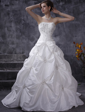 White Wedding Dresses Ball Gown Strapless Taffeta Ruched Bridal Dress Beading Chapel Train Bridal Gown
