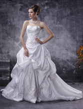 White Wedding Dresses Strapless Ball Gowns Satin Bridal Dress Ruched Embroidered Beading Dropped Waist Wedding Gown