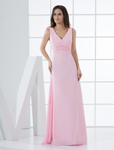 Pink Bridesmaid Dress Deep-V Ruched Chiffon Dress