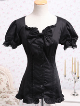 Blusa de Algodão preto Lolita mangas curtas laço babados