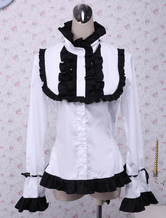  Baumwolle Lolita Bluse mit langen Ärmeln Schwarz Rüschen Stehkragen in Weiß