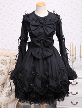 Algodão preto gótico elegante Lolita OP vestido mangas compridas rendas arcos guarnição babados