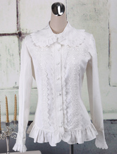 Lolitashow Sweet White Cotton Lolita Blouse Long Sleeves Ruffles Lace Trim Turn-down Collar