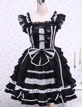 Vestido de lolita de algodón negro con escote cuadrado de estilo dulce 