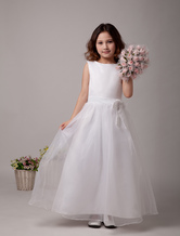 White Flower Girl Dresses A Line Kids Bows Sash Bateau Neck Ankle Length First Communion Dress