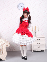 Vestido de algodão vermelho babados doce Lolita