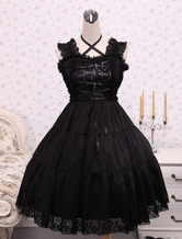 Lolitashow Nero Lolita Vestito con Spalline di Cotone con Pizzo Lacci Posteriori e Cintura sulla Vita