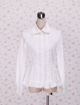White Cotton Lolita Blouse Long Sleeves Waist Belt Ruffles Trim