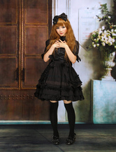 Gothic Lolita Dress OP Black Short Sleeves Shirring Lace Up Ruffles Bows Cotton Lolita One Piece Dress