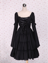Rendas de mangas compridas de uma peça vestido Lolita preto puro até franzido