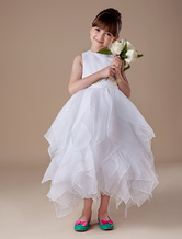 Elegant White Sleeveless Satin Organza Flower Girl Dress