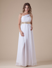 White Chiffon Satin One Shoulder Evening Dress With Front Slit