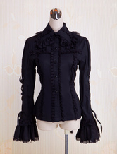 Toussaint Cosplay Lolita Blouse noire Hime longues en coton manches lacets Turn-down garniture de dentelle Déguisements Halloween