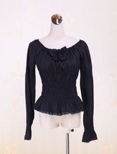 Cotton Lolita Bluse mit langen Ärmeln Shirring Spitze-Ordnungs-Bogen-runder Kragen in schwarz 