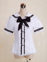 Weiße Baumwolle Lolita Bluse kurzen Ärmeln Sailor Stil Lace Trim Bogen