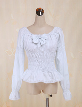 Lolitashow White Cotton Lolita Blouse Long Sleeves Shirring Bow Round Neck