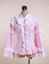 Lolitashow Pink Cotton Lolita Blouse Long Sleeves White Ruffles Trim Bow