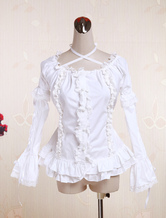 Mangas de algodão branco Lolita blusa longa Hime correias de pescoço laço babados guarnição