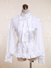 Weiße Baumwolle Lolita Bluse Langarm Colalr Spitzen Bogen stehen geschichteten Rüschen