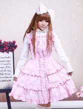 Falda tipo Jumper de Lolita rosa estilo clásico de algodón con tirantes con volante fruncido