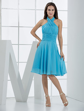 Short Bridesmaid Dress Halter Aqua Ruched A Line Knee Length Prom Dress
