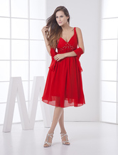 Red Bridesmaid Dress Backless Rhinestone Straps Chiffon Dress