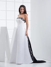 Black And White Wedding Dresses Lace Embroidered Strapless Bridal Gown With Train