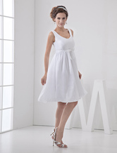シンプルなウェディングドレス　2024　ホワイト　ショートブライダルウェディングドレス　ジュエリーネックAラインサッシュ