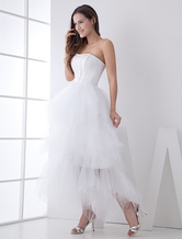 White Classic Strapless Satin Mini Wedding Dress