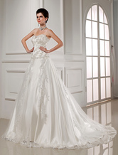 Attractive A-line Sweetheart Court Train White Satin Applique Bridal ...