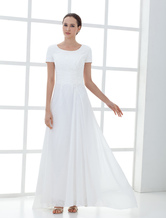 Beautiful White Short Sleeve Pleated Chiffon Mother of the Bride Dress