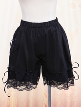 Lolitashow Lolita Shorts en coton noir avec dentelle et nœuds 