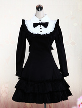 Algodão preto com mangas compridas Ruffle Vestido Lolita Classic