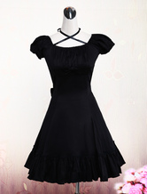 Vestito da Lolita nero classico tradizionale in cotone con maniche corte e pieghettature 