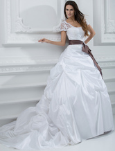 White Wedding Dresses Taffeta Ruched Ball Gown Bridal Dress Lace Applique Sequin Cap Sleeve Sash Wedding Gown With Train